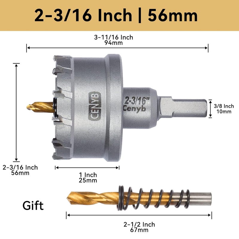 cenyb 2-3/16" (56mm) Tungsten Carbide Tipped Hole Saw with 2Pcs Titanium-Plated Pilot Drill Bits for Hard Metal,Stainless Steel,Iron,Aluminum Alloy,Wood and Plastic - Image 2